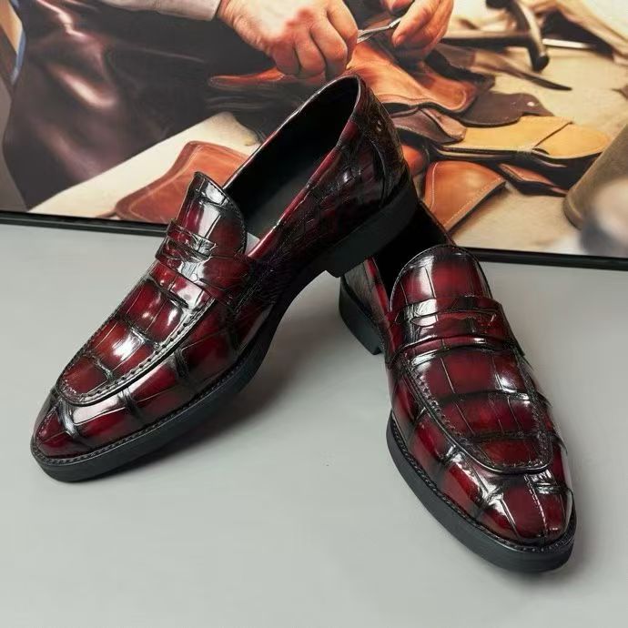 Crocodile Leather Loafer Shoes Vintage Red