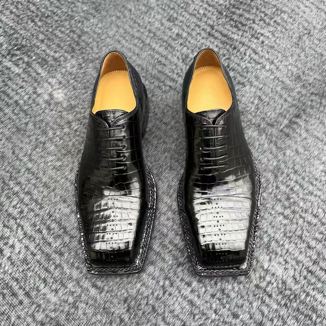 Genuine Crocodile Leather Square-Toe Classic Lace -Up Dress Shoes Black