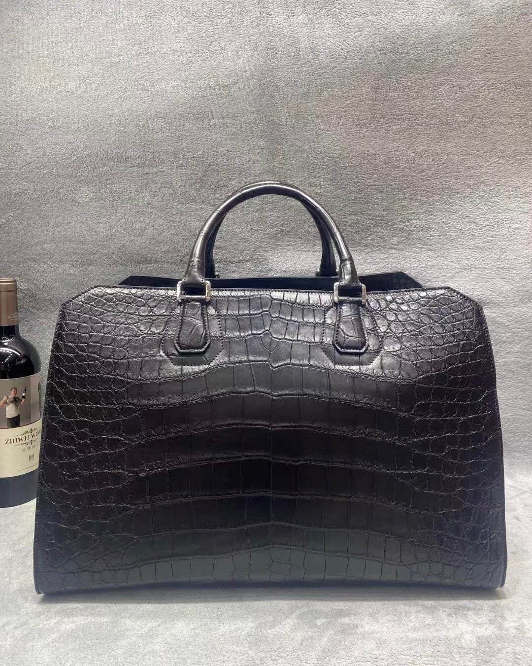 Crocodile Skin Leather Travel Duffle Bag Matt Black