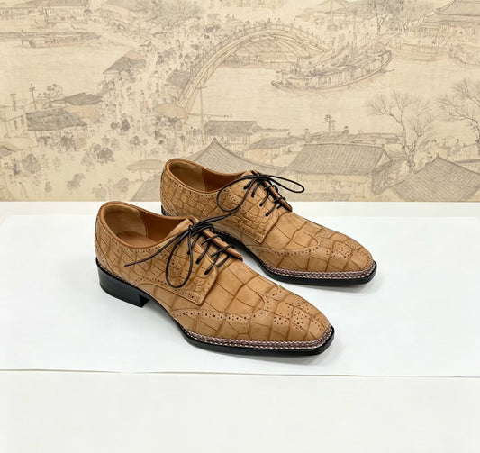 Crocodile Shoes, Men's Nubuckn Crocodile Leather Business Lace Up Shoes