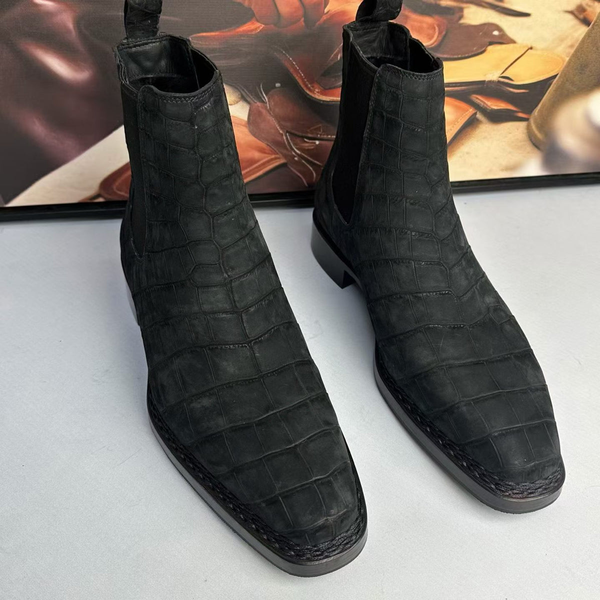 Crocodile Boots ,Men’s Crocodile Leather Chelsea Ankle Boots Black
