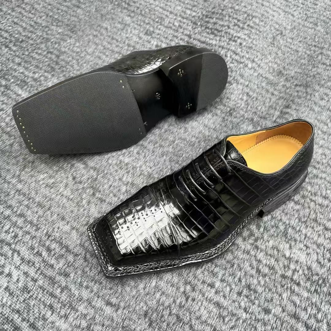 Genuine Crocodile Leather Square-Toe Classic Lace -Up Dress Shoes Black