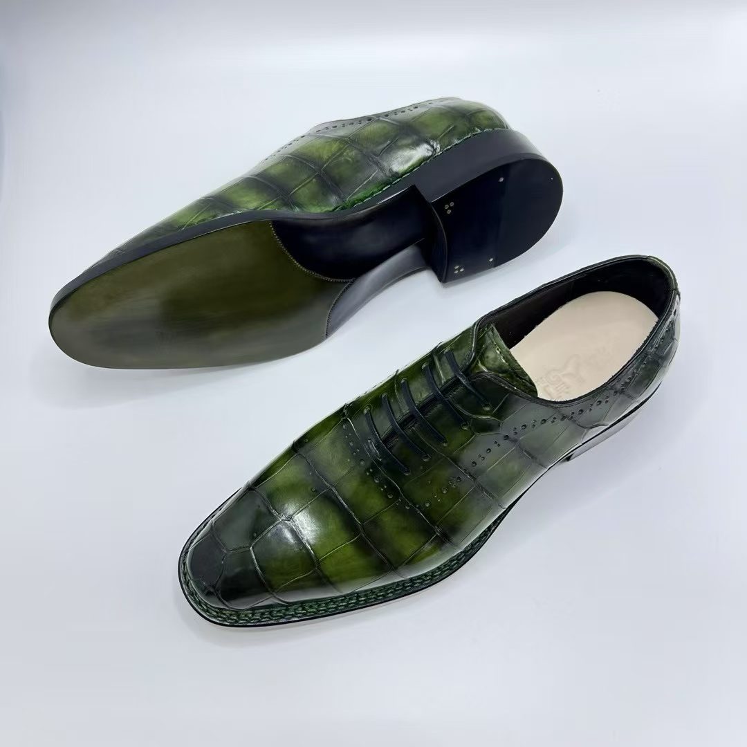 Crocodile Shoes, Men's Vintage Green Crocodile Leather Norwegian Sewn Lace Up Shoes