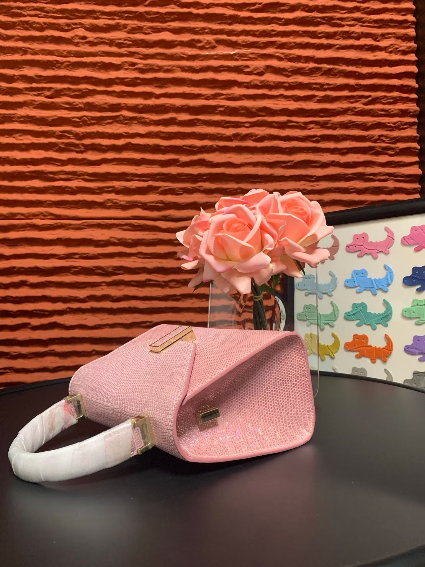 Women's Pink Sakura Lizard Skin Leather Top Handle Bags