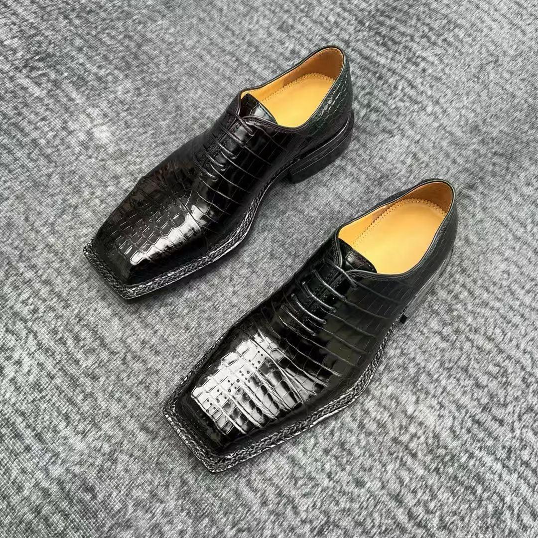 Genuine Crocodile Leather Square-Toe Classic Lace -Up Dress Shoes Black