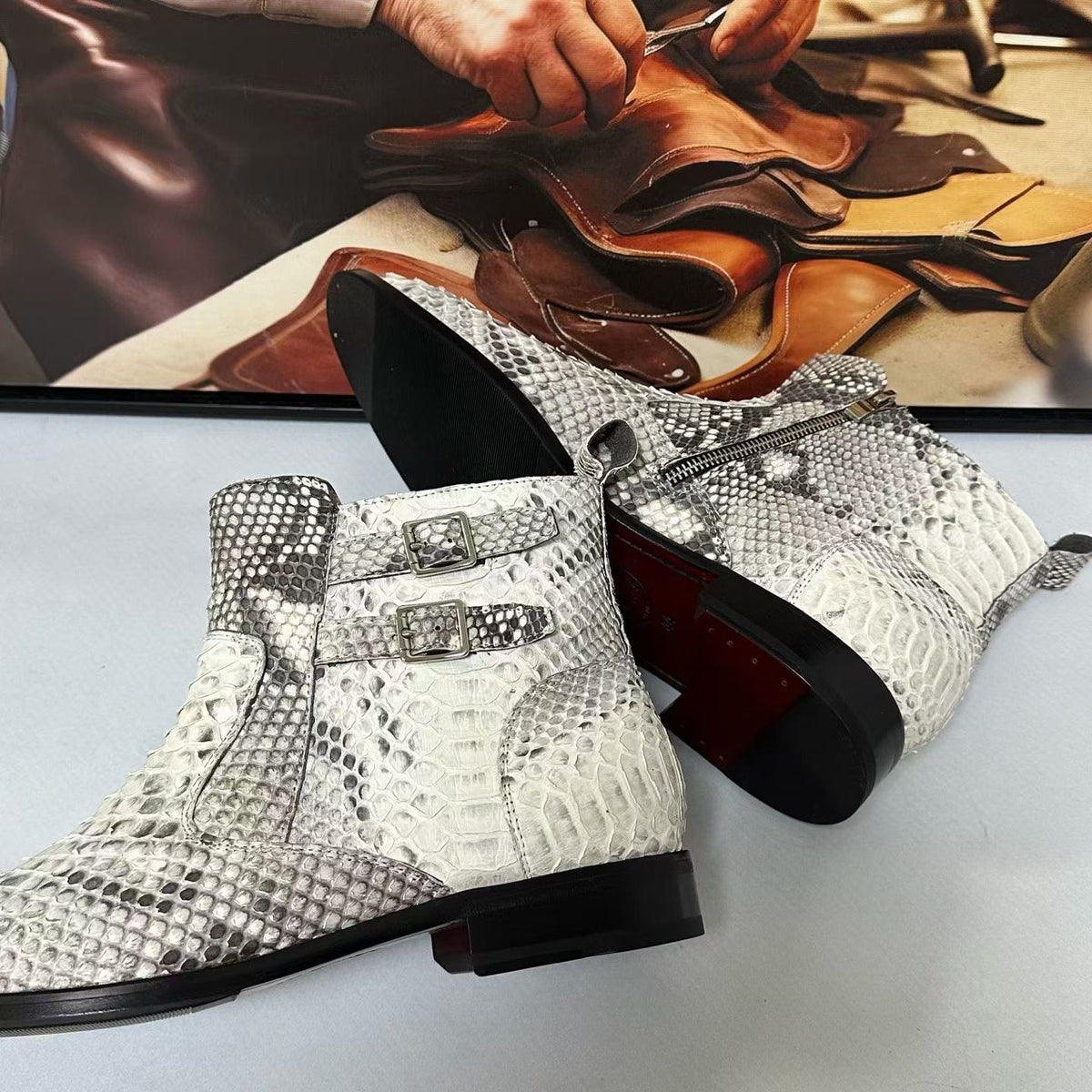 Python Boots ,Men’s Python Skin Chelsea Ankle Boots Cream