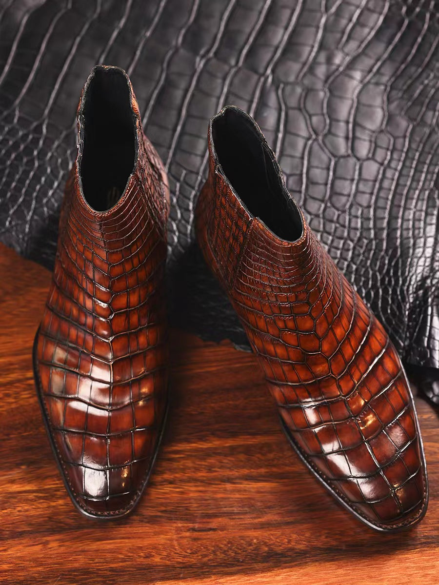 Crocodile Boots, Men's Crocodile Leather Chelsea Boots Burnished Brown