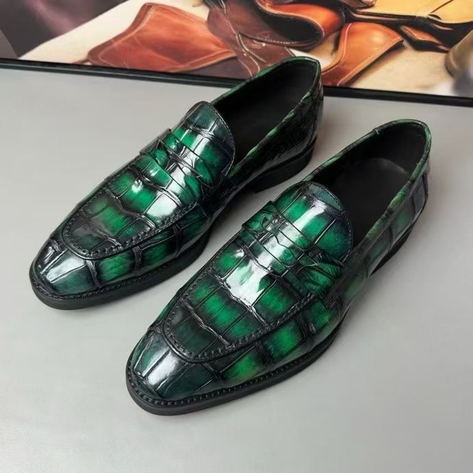 Crocodile Leather Loafer Shoes Vintage Green
