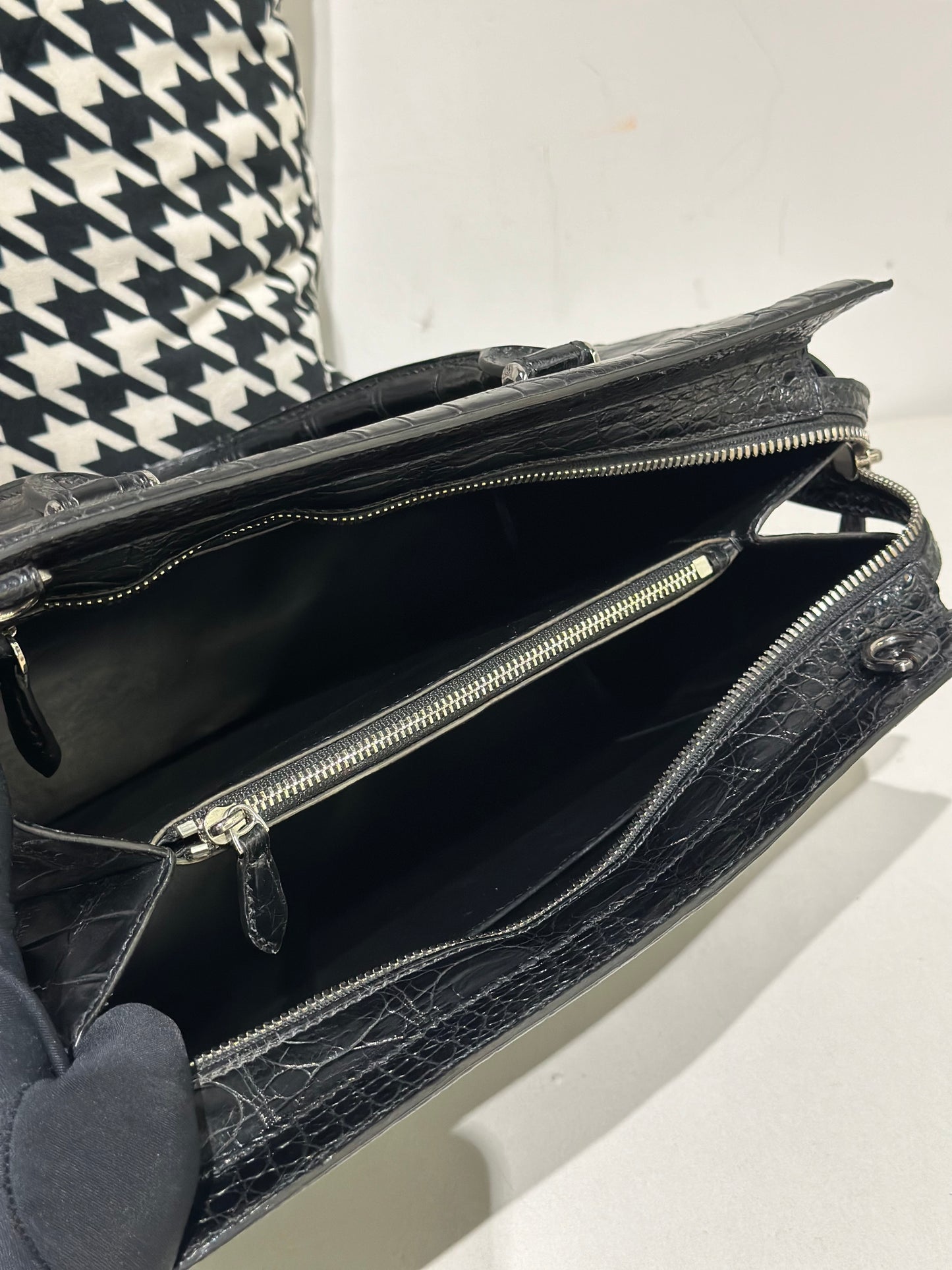 Crocodile Leather Top Handle Bag Black