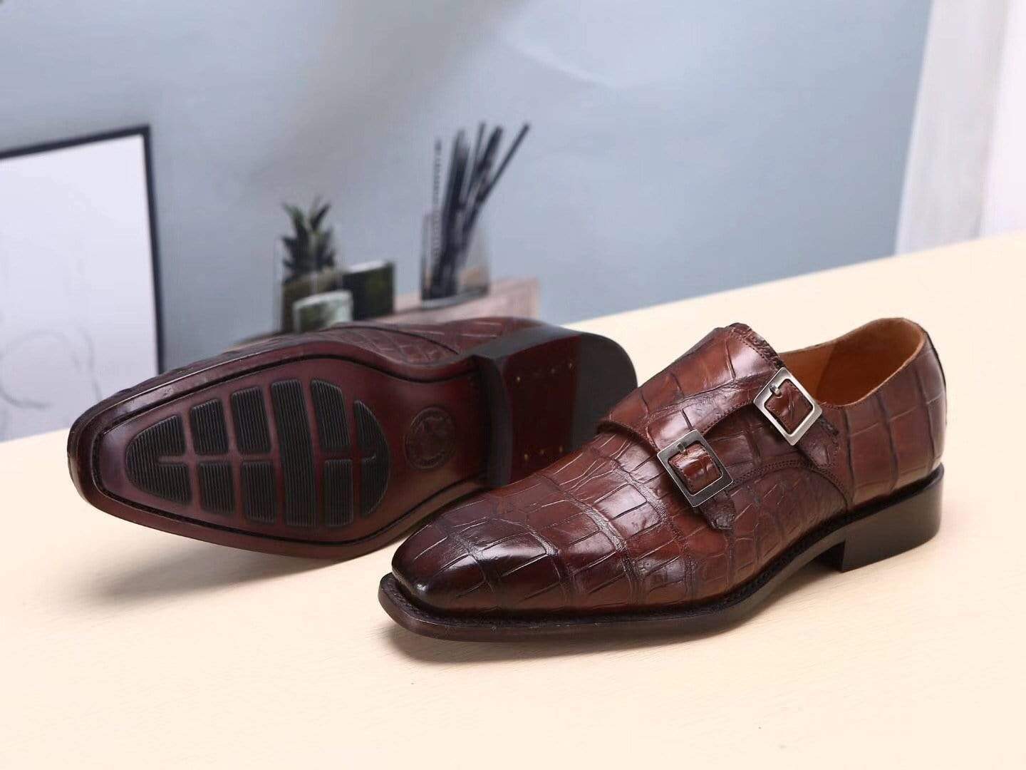 Crocodile Shoes Brown Mens Shoes  Crocodile Belly Leather Monk Double Strap Dress Shoes,Goodyear Sole