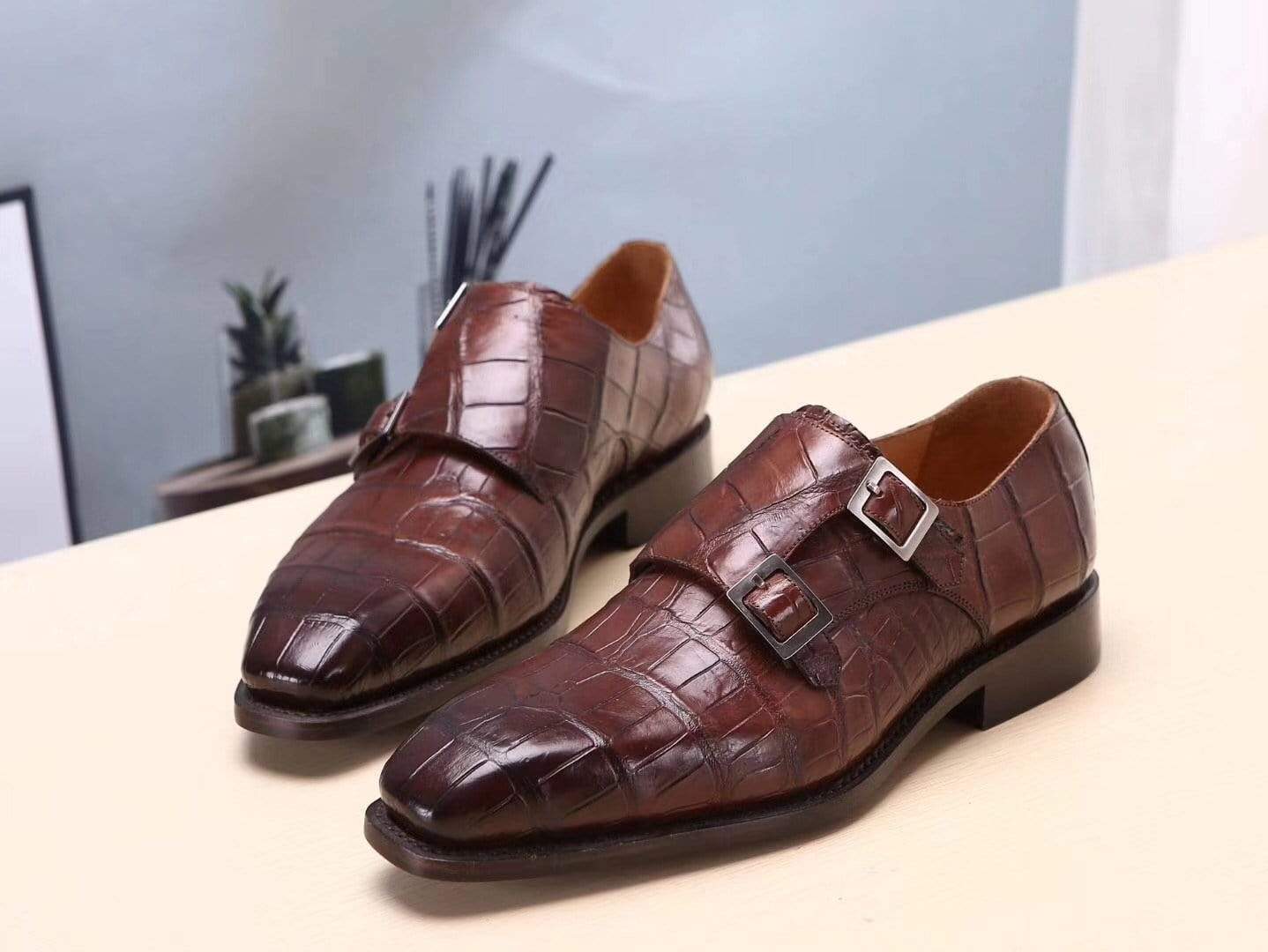 Crocodile Shoes Brown Mens Shoes  Crocodile Belly Leather Monk Double Strap Dress Shoes,Goodyear Sole