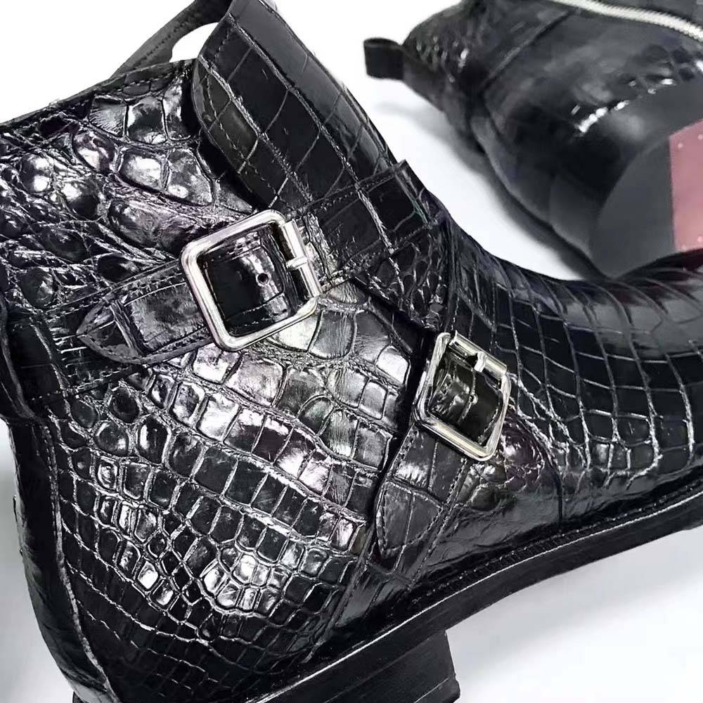 Crocodile Shoes Men's Crocodile Leather  Double  Criss- Cross Buckle Side Zip Boots