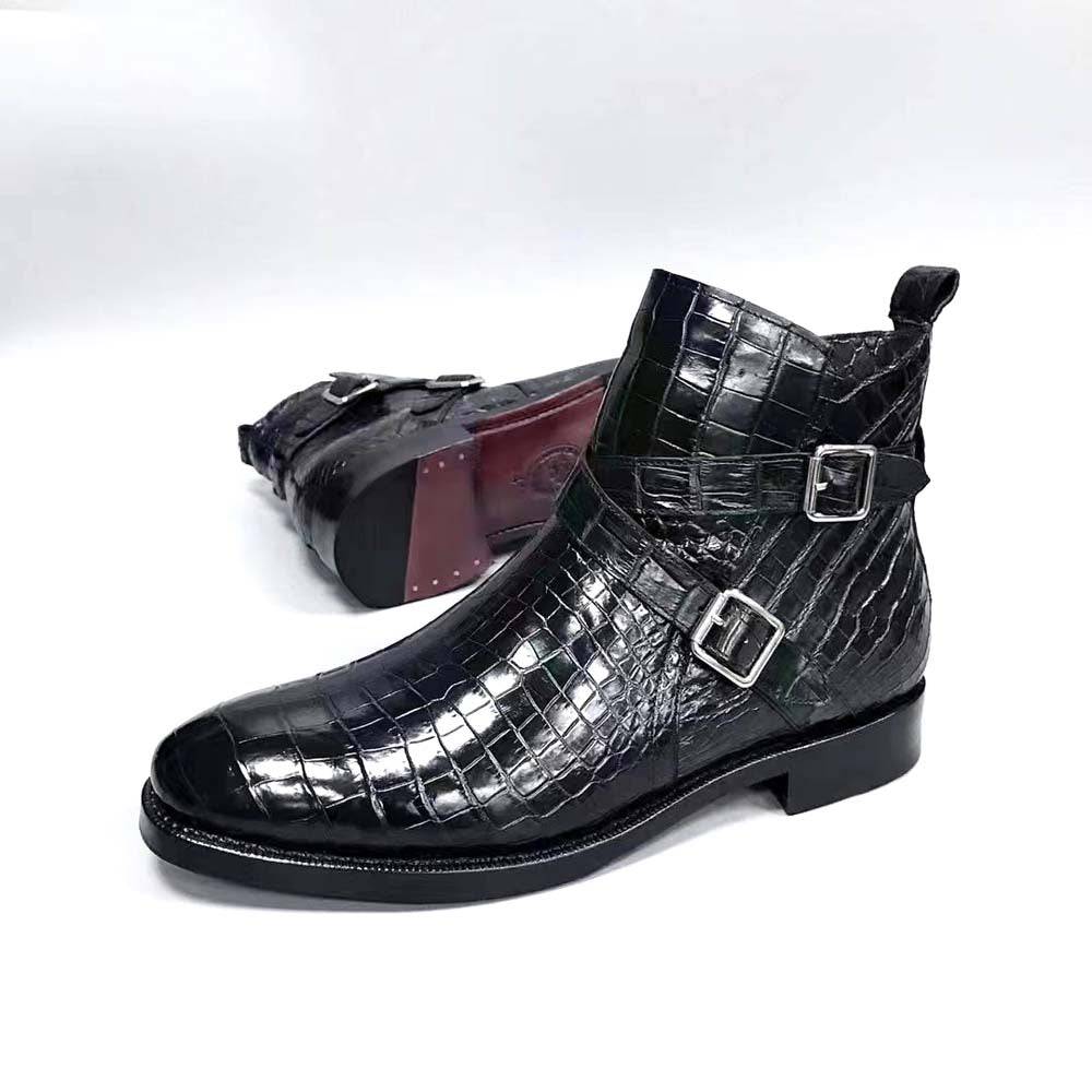 Crocodile Shoes Men's Crocodile Leather  Double  Criss- Cross Buckle Side Zip Boots