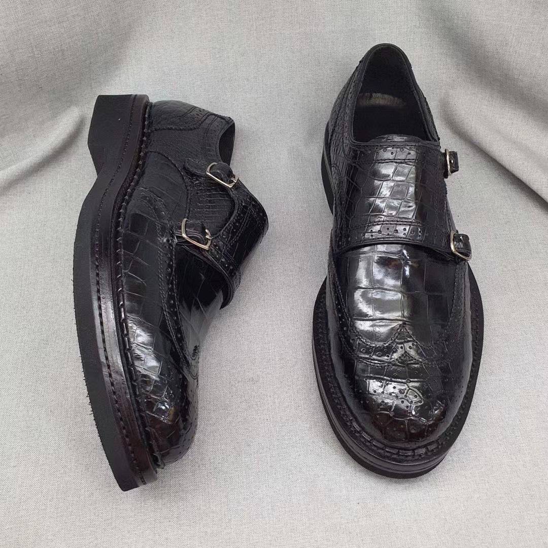 Crocodile Shoes Men's Crocodile Leather Brogue Lace-Up Shoes Black