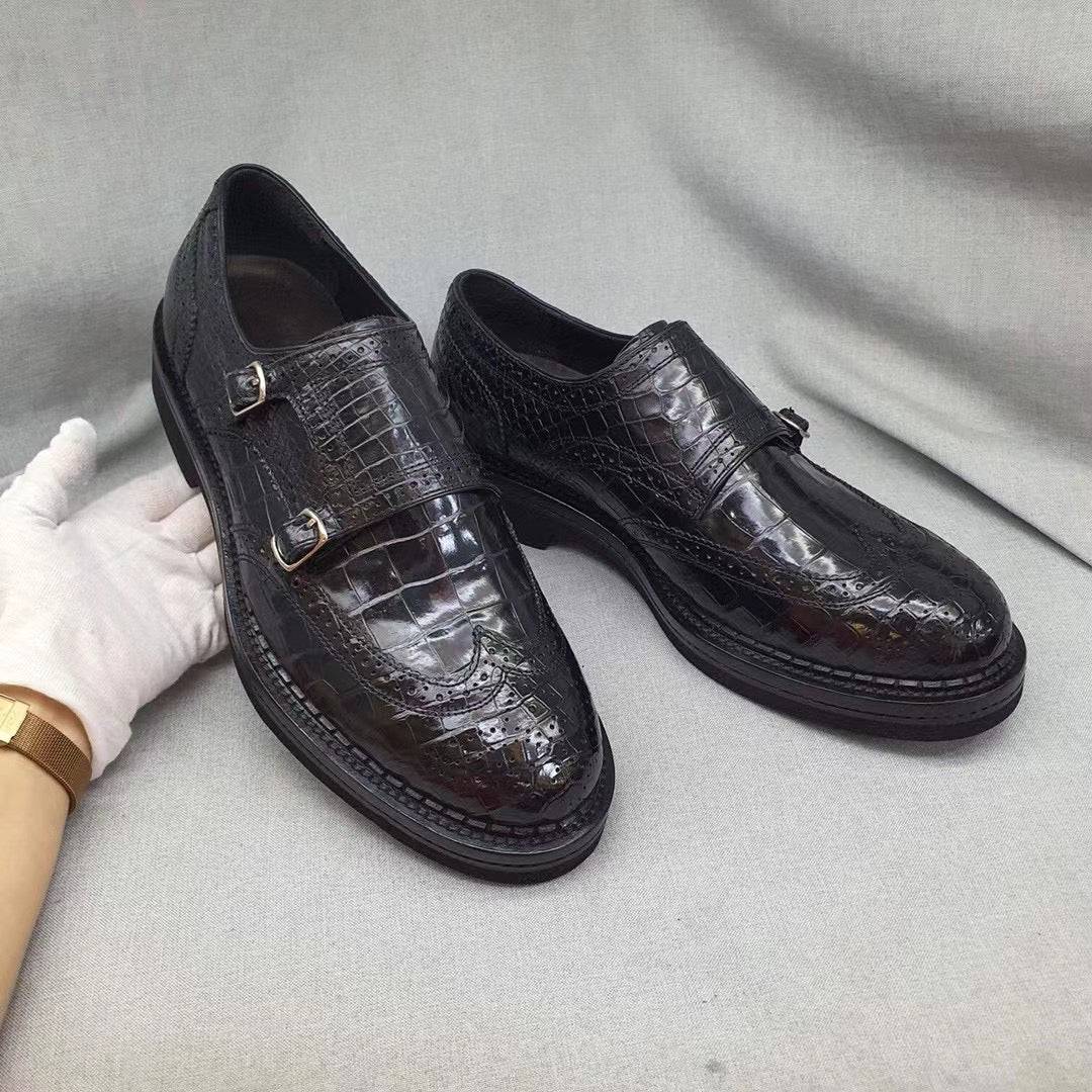 Crocodile Shoes Men's Crocodile Leather Brogue Lace-Up Shoes Black