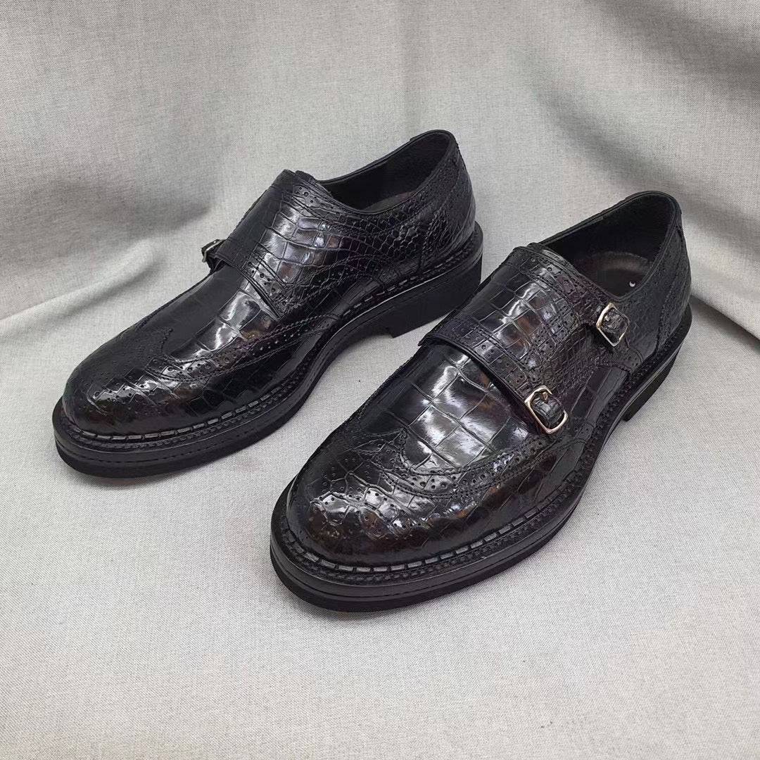 Crocodile Shoes Men's Crocodile Leather Brogue Lace-Up Shoes Black