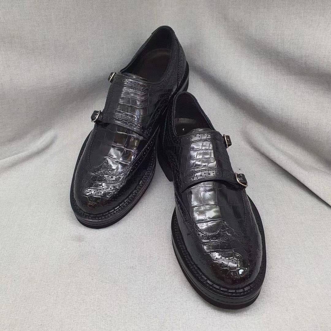 Crocodile Shoes Men's Crocodile Leather Brogue Lace-Up Shoes Black