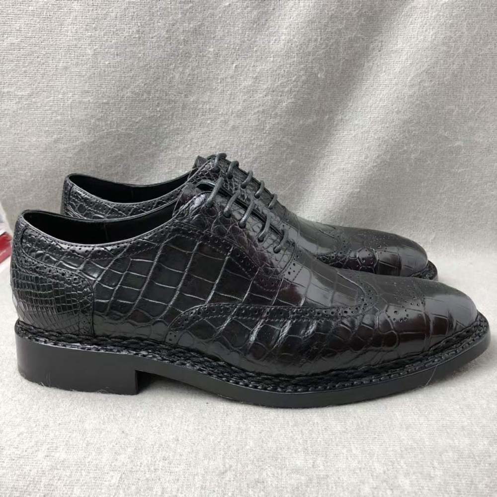 Crocodile Shoes Men's Crocodile Leather Brogue Norwegian Stitch  Lace-Up Business Shoes