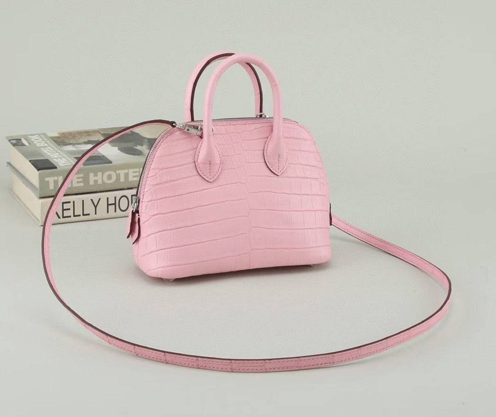 Womens Genuine Crocodile Leather Small Shell Promennade Trapezoid Cross Body Bag Pink