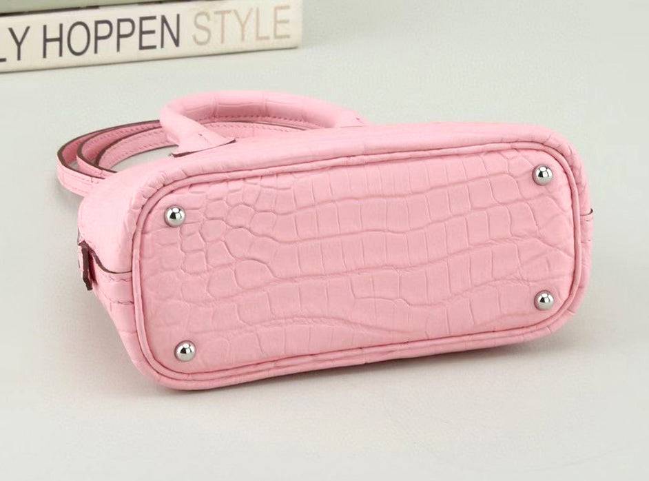 Womens Genuine Crocodile Leather Small Shell Promennade Trapezoid Cross Body Bag Pink