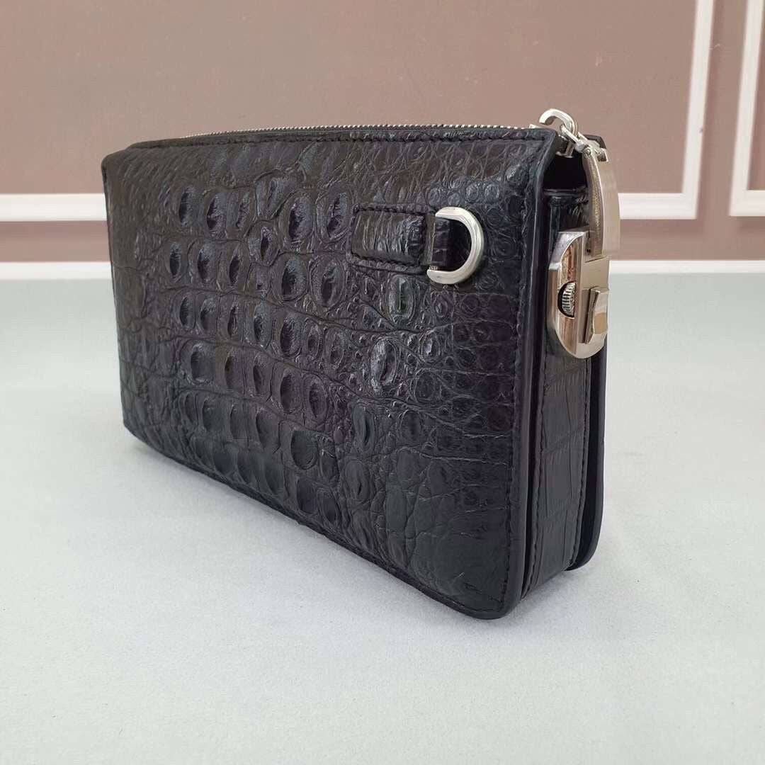 Crocodile  Bone  Leather  Clutch Bag With Band String Black