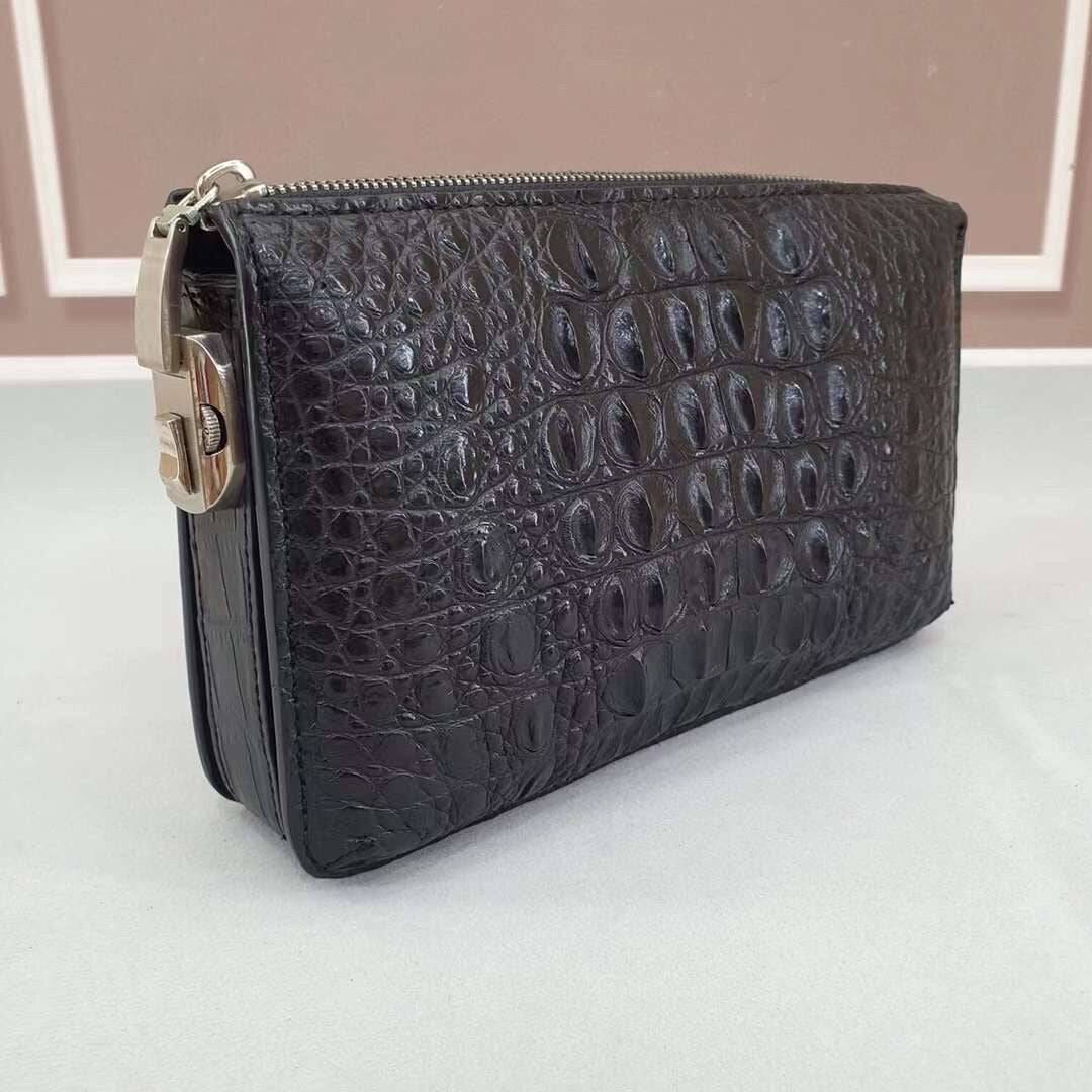 Crocodile  Bone  Leather  Clutch Bag With Band String Black