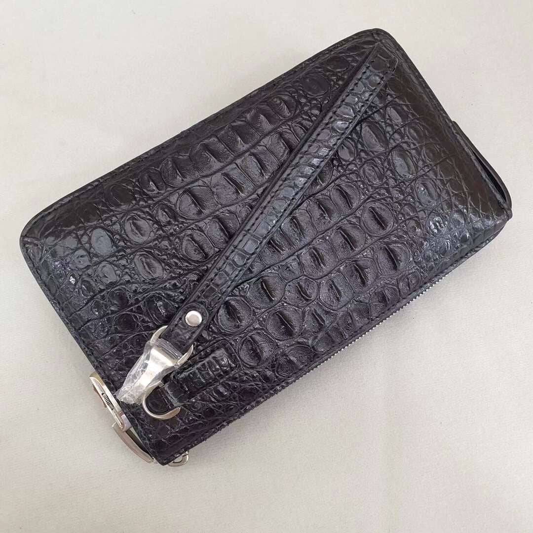 Crocodile  Bone  Leather  Clutch Bag With Band String Black