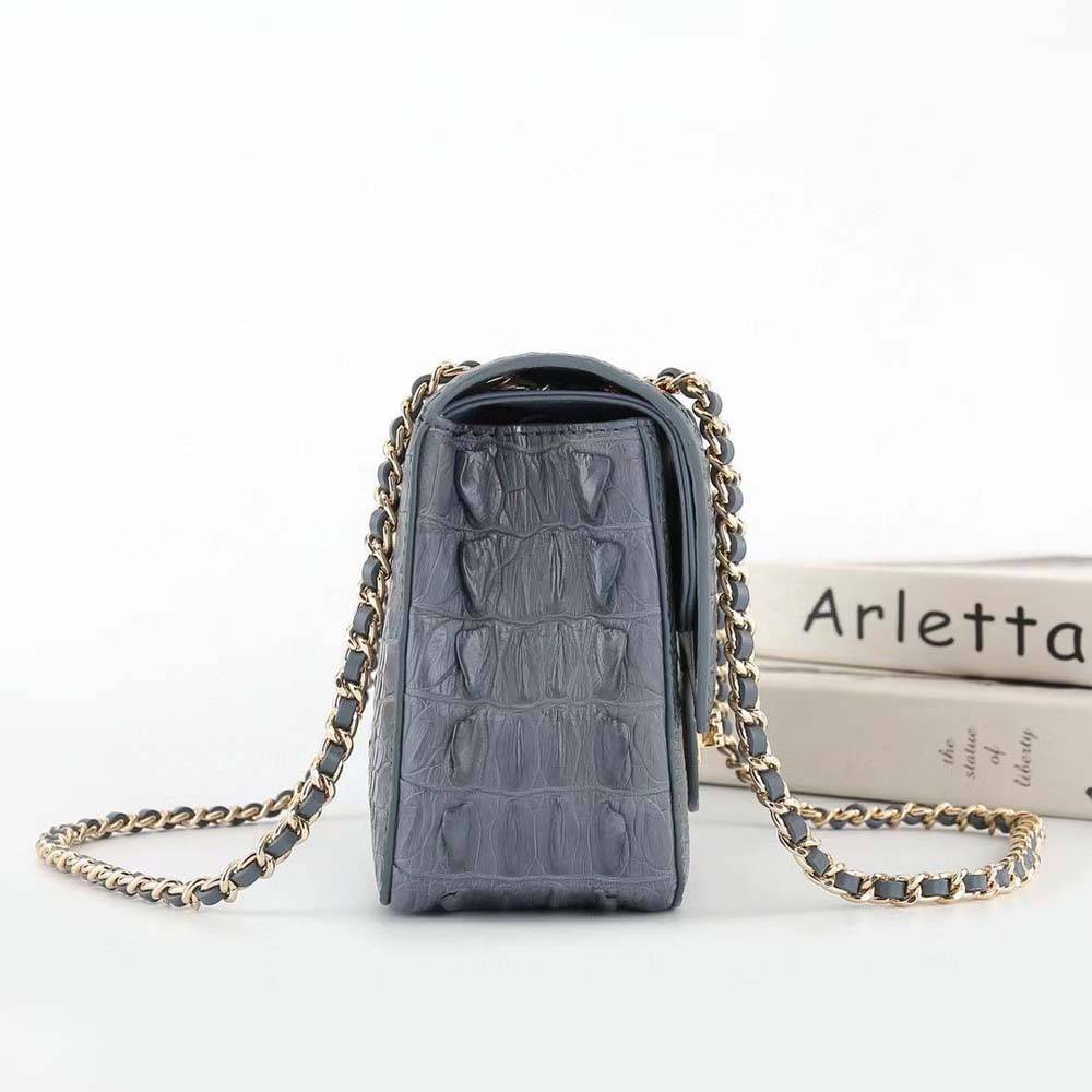 Crocodile Leather Flap Chain Shoulder Bag Dark Grey