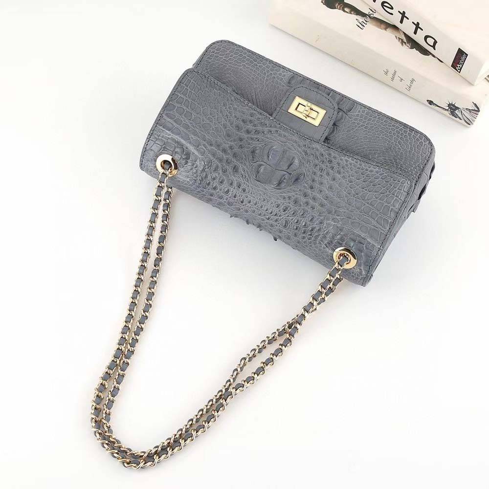 Crocodile Leather Flap Chain Shoulder Bag Dark Grey