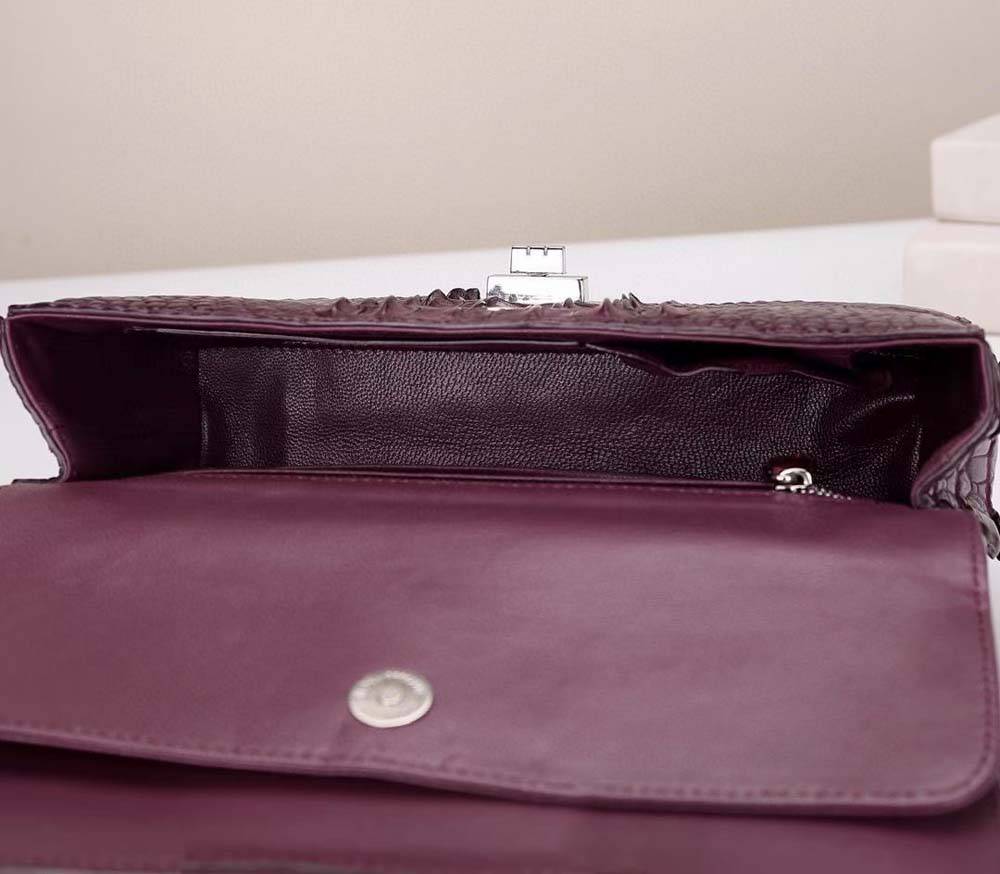 Túi đeo vai da cá sấu nắp gập, dây xích, màu đỏ rượu vang