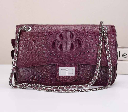 Crocodile Leather Flap Chain Shoulder Bag Wine Red