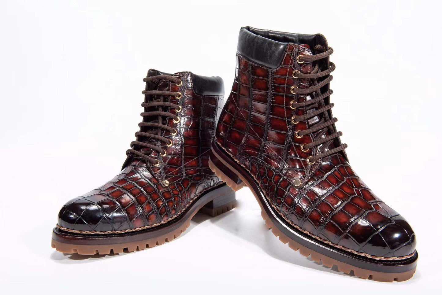 Crocodile Shoes Crocodile Leather Rivet Square Toe Lace Up Boots