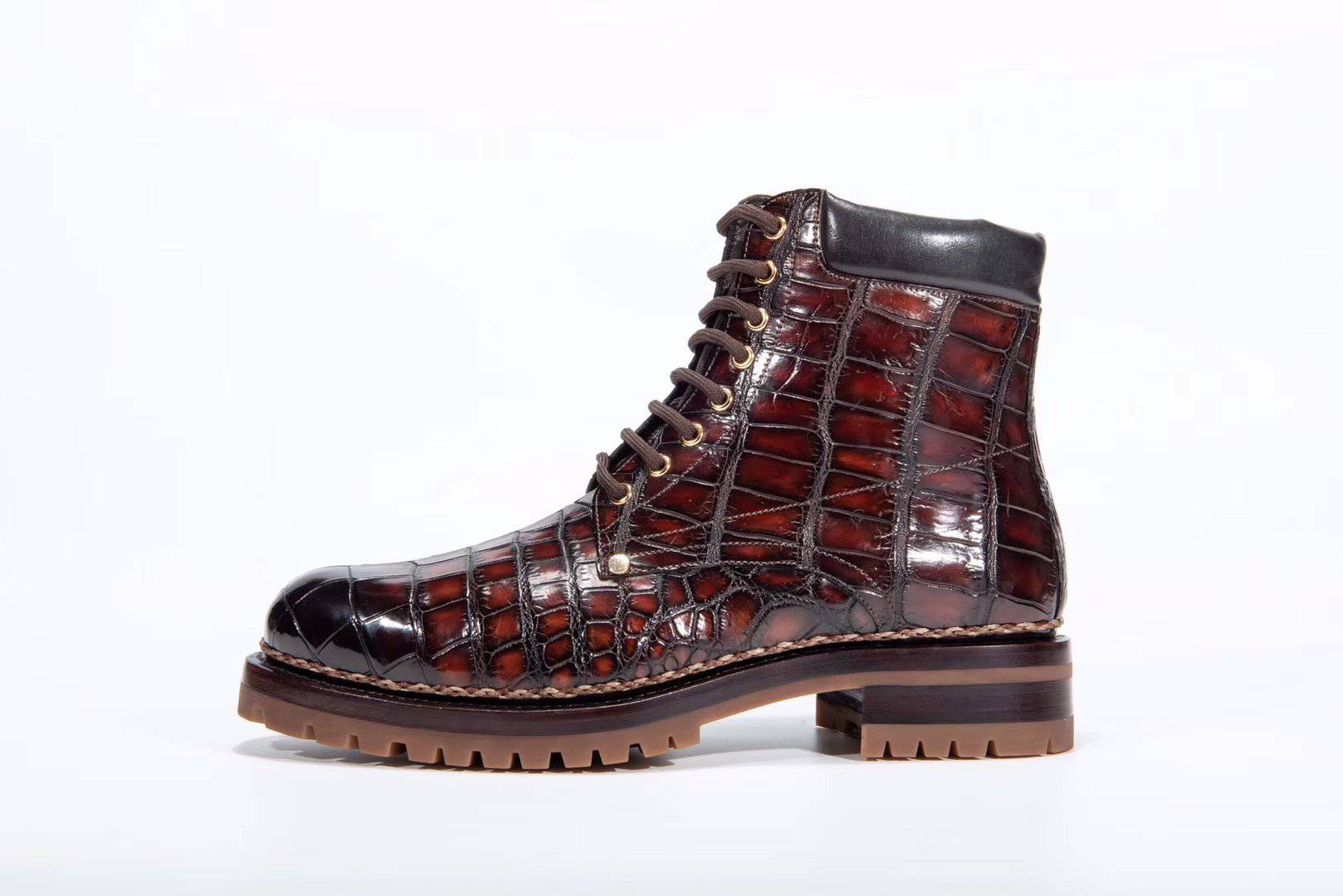 Crocodile Shoes Crocodile Leather Rivet Square Toe Lace Up Boots