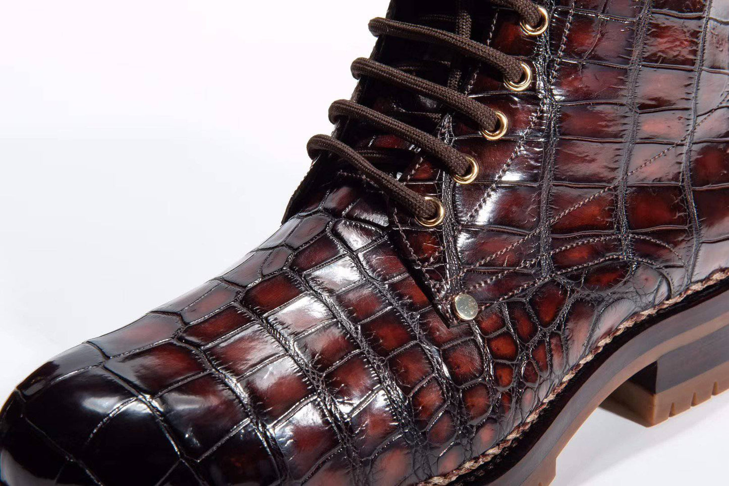 Crocodile Shoes Crocodile Leather Rivet Square Toe Lace Up Boots