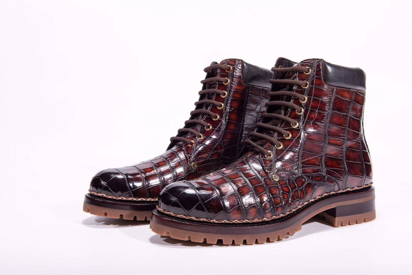 Crocodile Shoes Crocodile Leather Rivet Square Toe Lace Up Boots