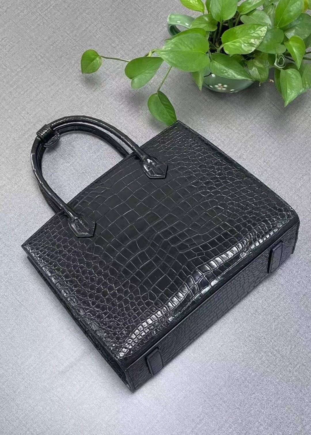 Crocodile Leather Top Handle Bag Black