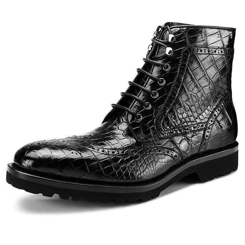 Stivali stringati black in pelle di coccodrillo con punta a coda di rondine