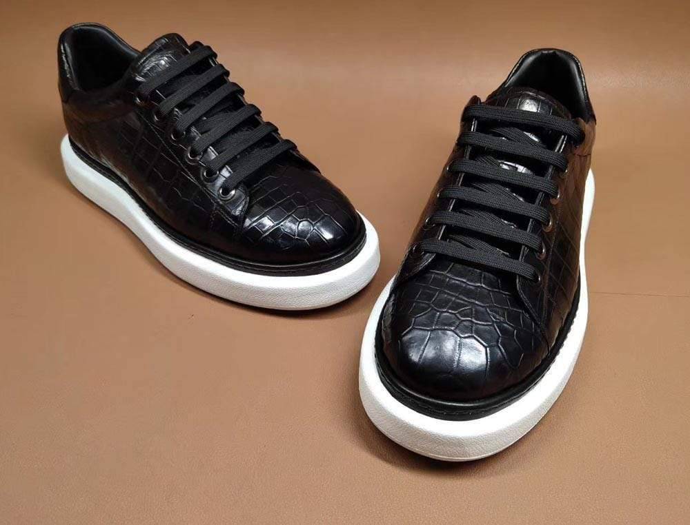 Giày sneaker lười cổ thấp nam kiểu Crocodile, màu đen, da cá sấu, phong cách casual