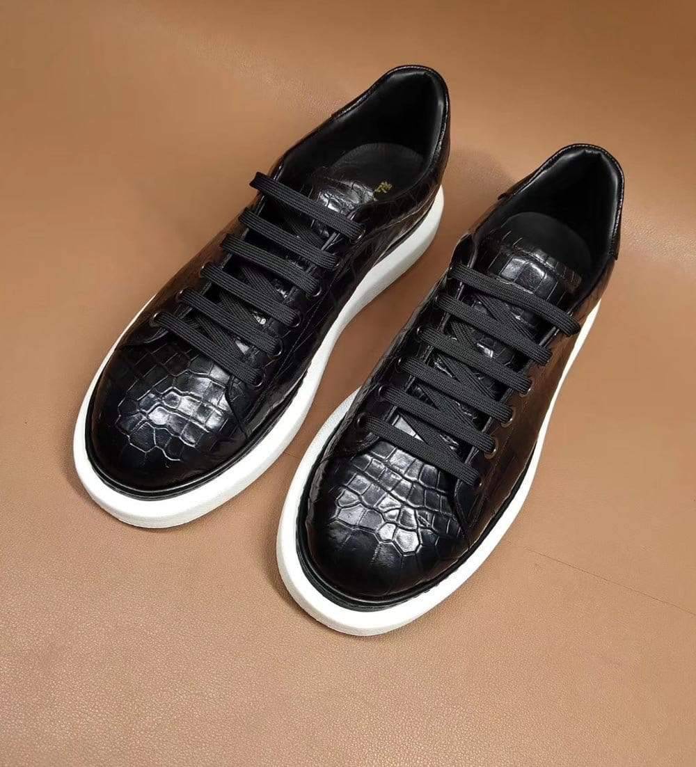 Giày sneaker lười cổ thấp nam thời trang, kiểu casual, đường may bên hông, da cá sấu đen