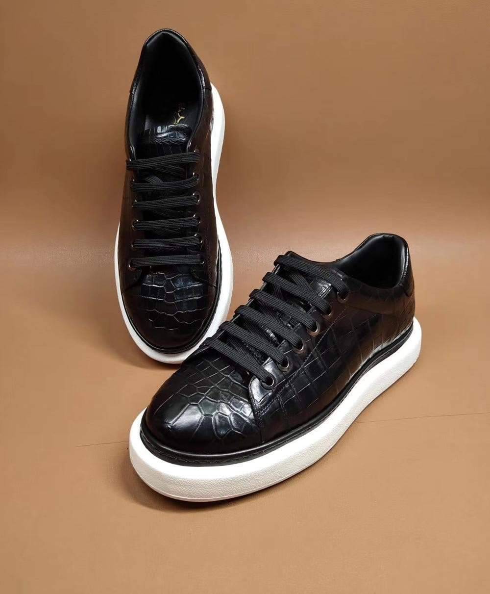 Giày sneaker lười cổ thấp nam thời trang, da cá sấu đen, phong cách casual