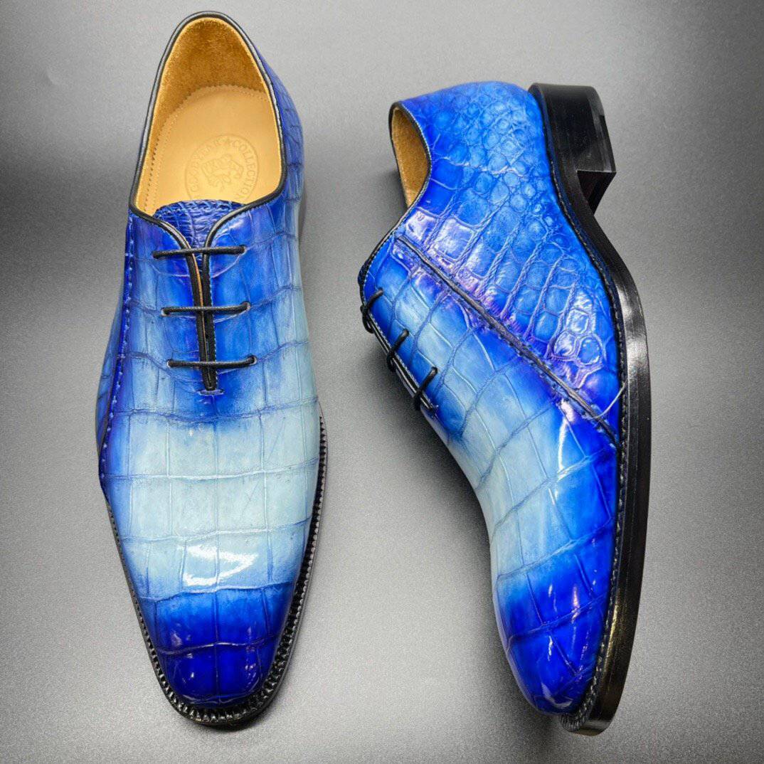 Crocodile Shoes Genuine Crocodile Leather Mens Penny Loafers Dress Shoes Hand Painted Two Tone  Blue