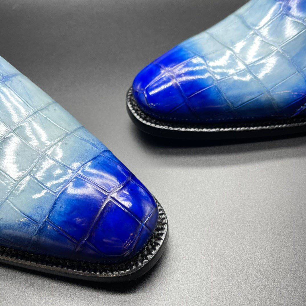 Crocodile Shoes Genuine Crocodile Leather Mens Penny Loafers Dress Shoes Hand Painted Two Tone  Blue