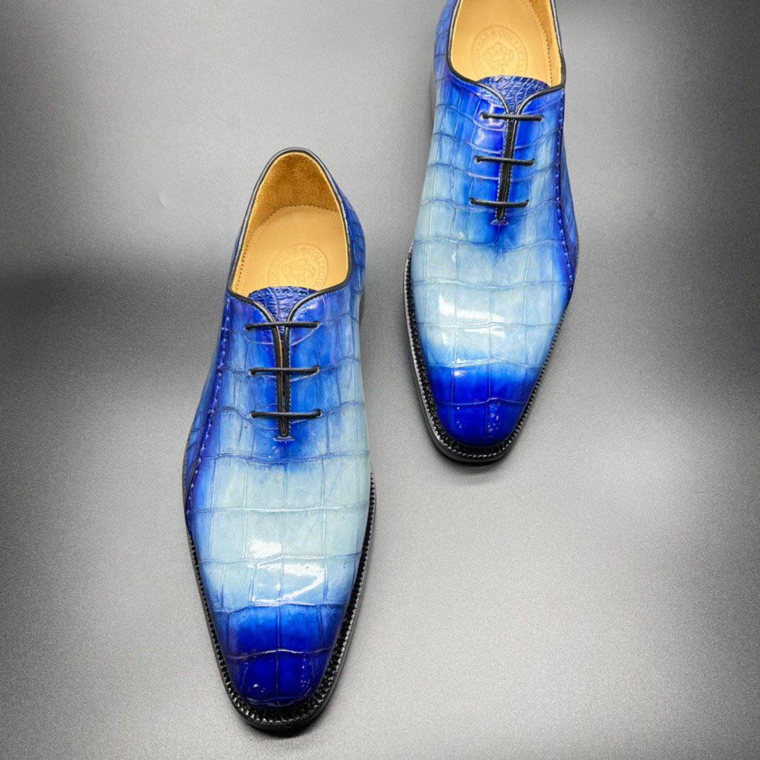Crocodile Shoes Genuine Crocodile Leather Mens Penny Loafers Dress Shoes Hand Painted Two Tone  Blue