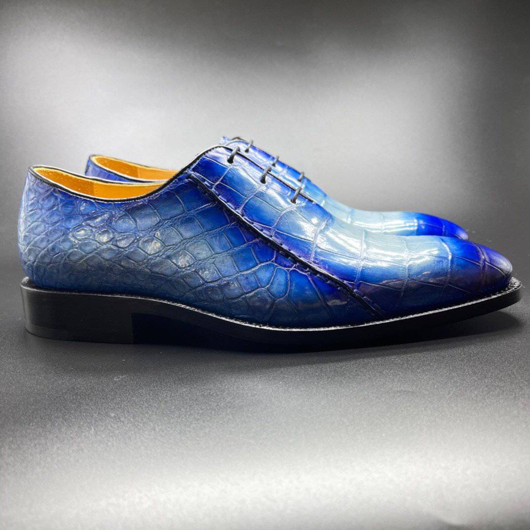 Crocodile Shoes Genuine Crocodile Leather Mens Penny Loafers Dress Shoes Hand Painted Two Tone  Blue