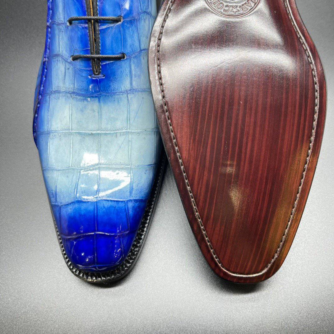 Crocodile Shoes Genuine Crocodile Leather Mens Penny Loafers Dress Shoes Hand Painted Two Tone  Blue