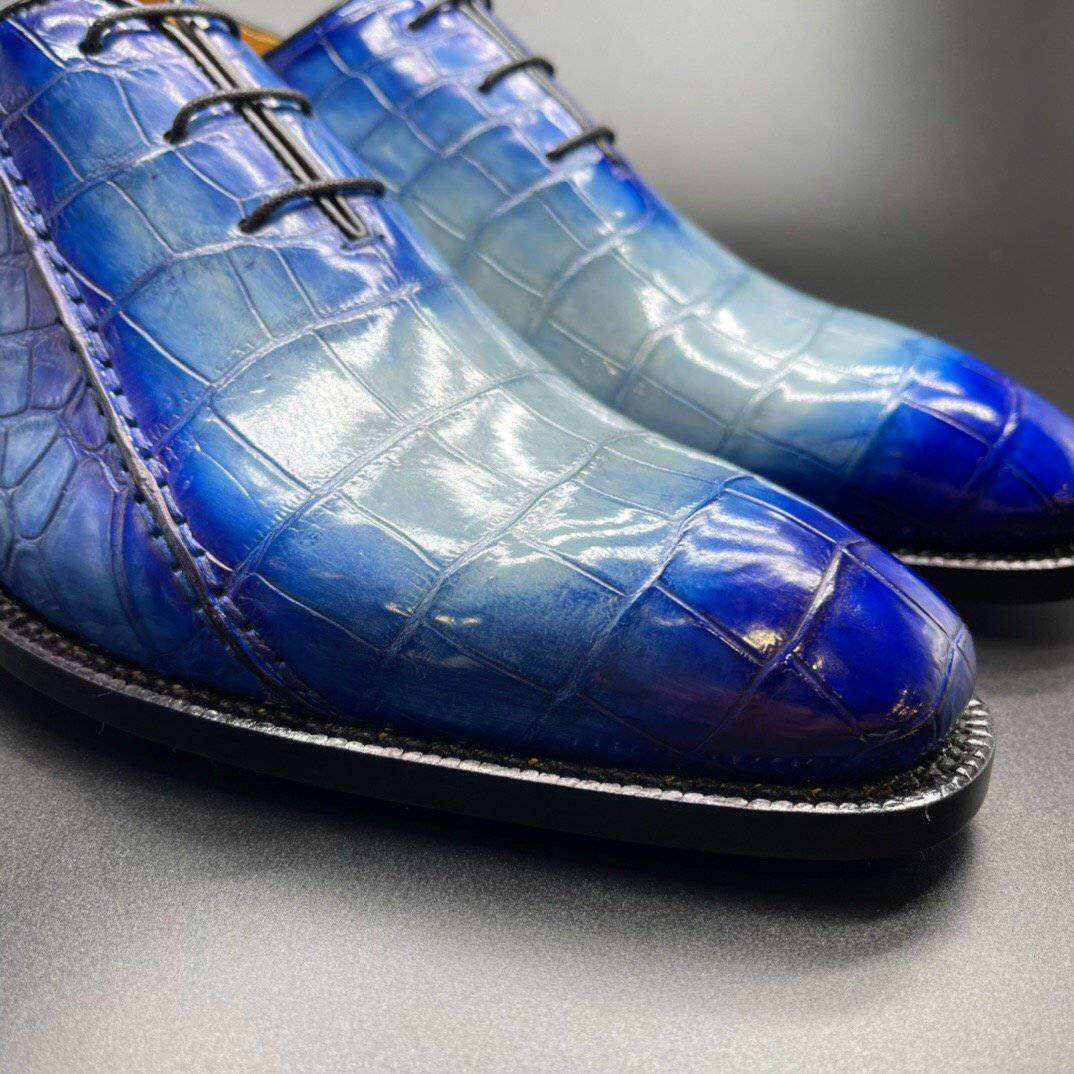 Crocodile Shoes Genuine Crocodile Leather Mens Penny Loafers Dress Shoes Hand Painted Two Tone  Blue