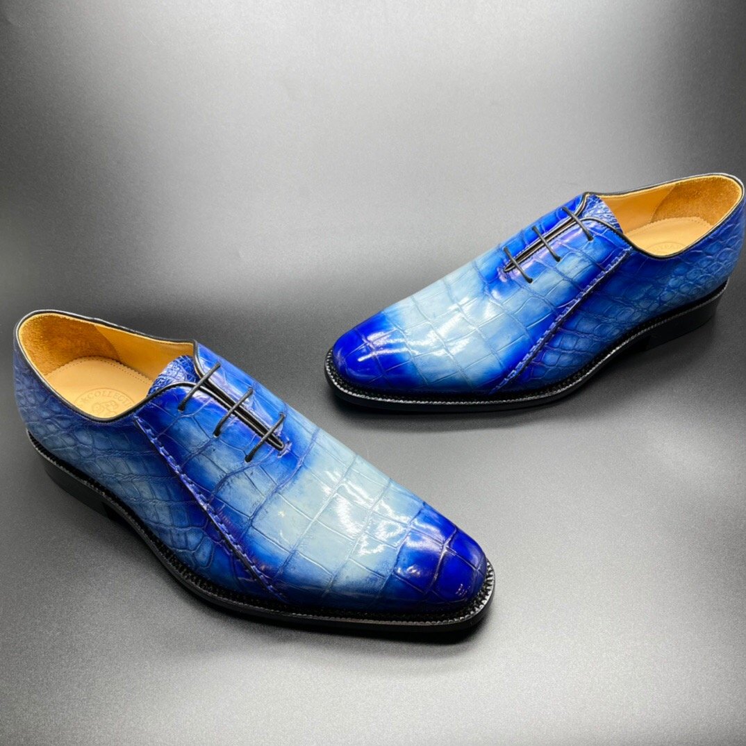 Crocodile Shoes Genuine Crocodile Leather Mens Penny Loafers Dress Shoes Hand Painted Two Tone  Blue