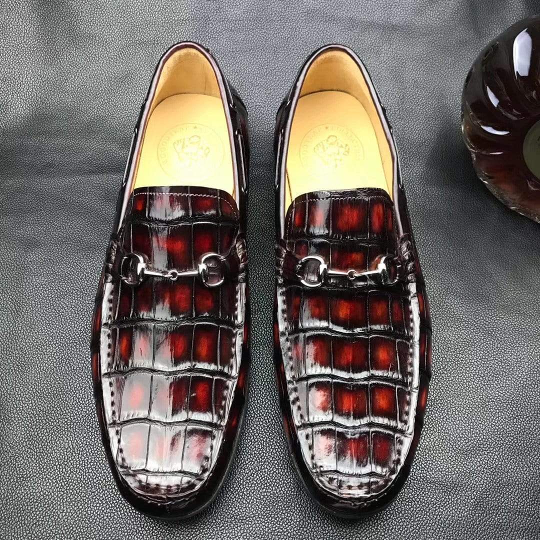 Scarpe in vera pelle di coccodrillo, mocassini casual con nappine e morsetto