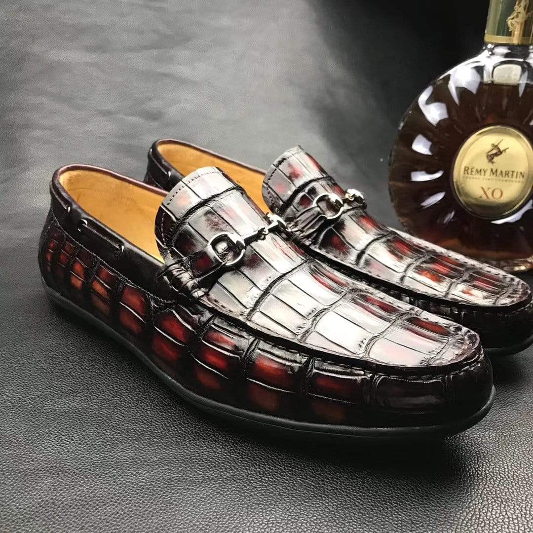 Mocassini casual con nappine e morsetto, in vera pelle di coccodrillo, Crocodile Shoes