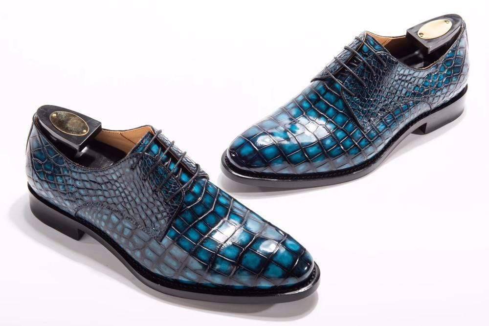 Crocodile Shoes giày nam thủ công khâu Goodyear, giày buộc dây da cá sấu nam, xanh teal, giày tây nam